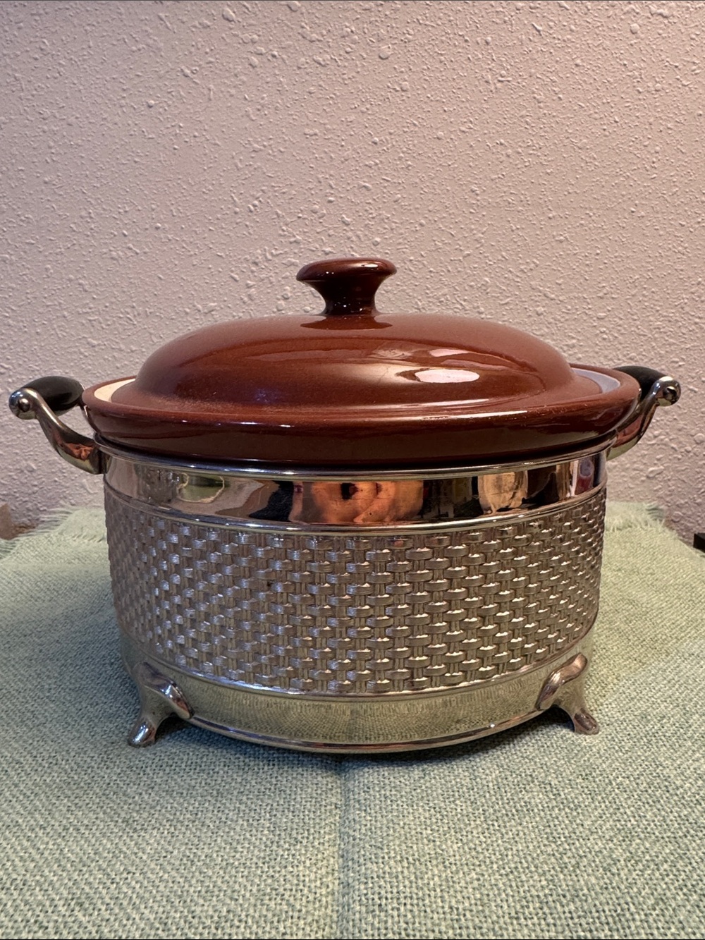 Unique Kitchenalia -Casserole Ceramic Crock with lid and Silver-tone Metal Base